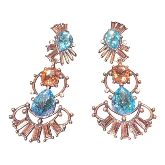 Statement Chandelier Earrings Copper Tone Blue & Peach Crystals J13 - Picture 2 of 7